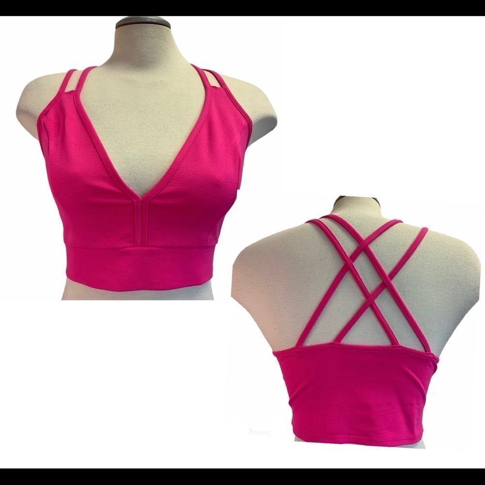 Hot neon pink V-neck crop top Sz M/L